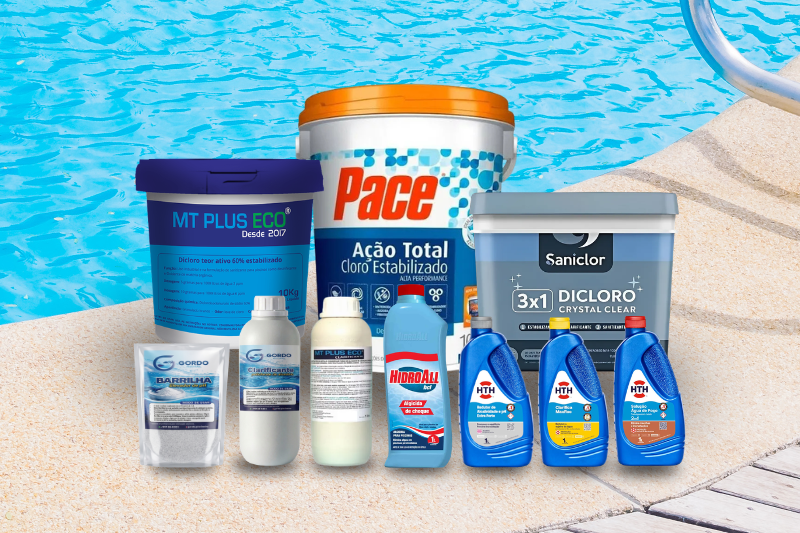 Produtos para piscina — cloro, algicida e clarificante